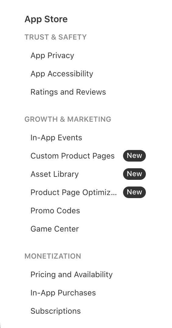 App Store Connect kenar çubuğu: Growth & Marketing altında 'New' etiketli Custom Product Pages, Asset Library ve Product Page Optimization