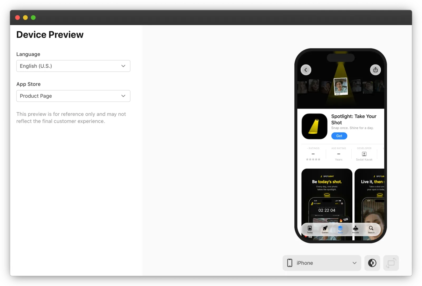 App Store Connect Device Preview penceresi: görünüm Product Page; sağda iPhone'da header görseli, ikon, başlık ve ekran görüntüleriyle ürün sayfası