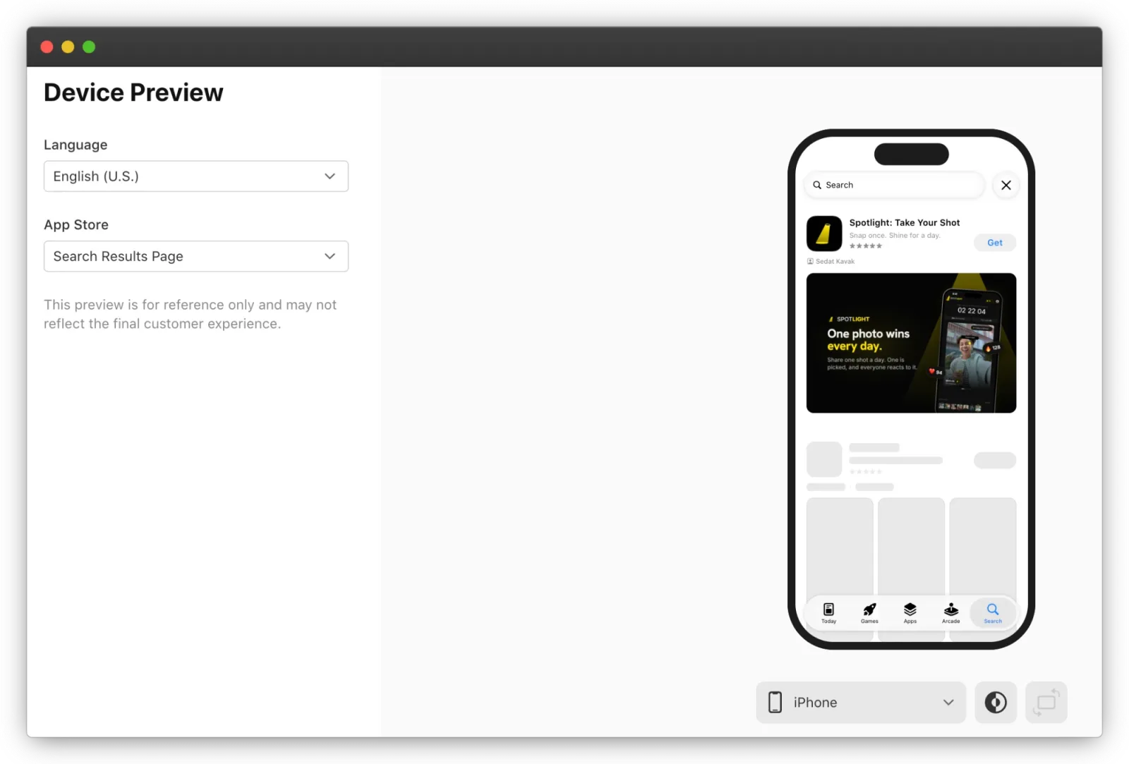 App Store Connect Device Preview penceresi: dil English (U.S.), görünüm Search Results Page; sağda iPhone'da arama sonucu görseliyle listelenen bir uygulama