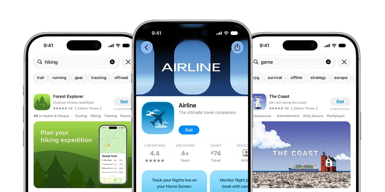 Üç iPhone ekranı: 'hiking' ve 'game' aramalarında geniş arama sonucu görselleri, ortada Airline uygulamasının görselli ürün sayfası header'ı